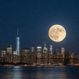 A full moon illuminating a starry night sky over New York City's iconic skyline