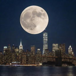 A full moon illuminating a starry night sky over New York City's iconic skyline