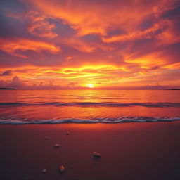 A stunning, dramatic sunset over a tranquil beach, with vibrant oranges, pinks, and purples blending together in the sky