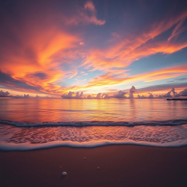 A stunning, dramatic sunset over a tranquil beach, with vibrant oranges, pinks, and purples blending together in the sky