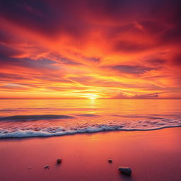 A stunning, dramatic sunset over a tranquil beach, with vibrant oranges, pinks, and purples blending together in the sky