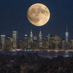 A full moon illuminating a starry night sky over New York City's iconic skyline