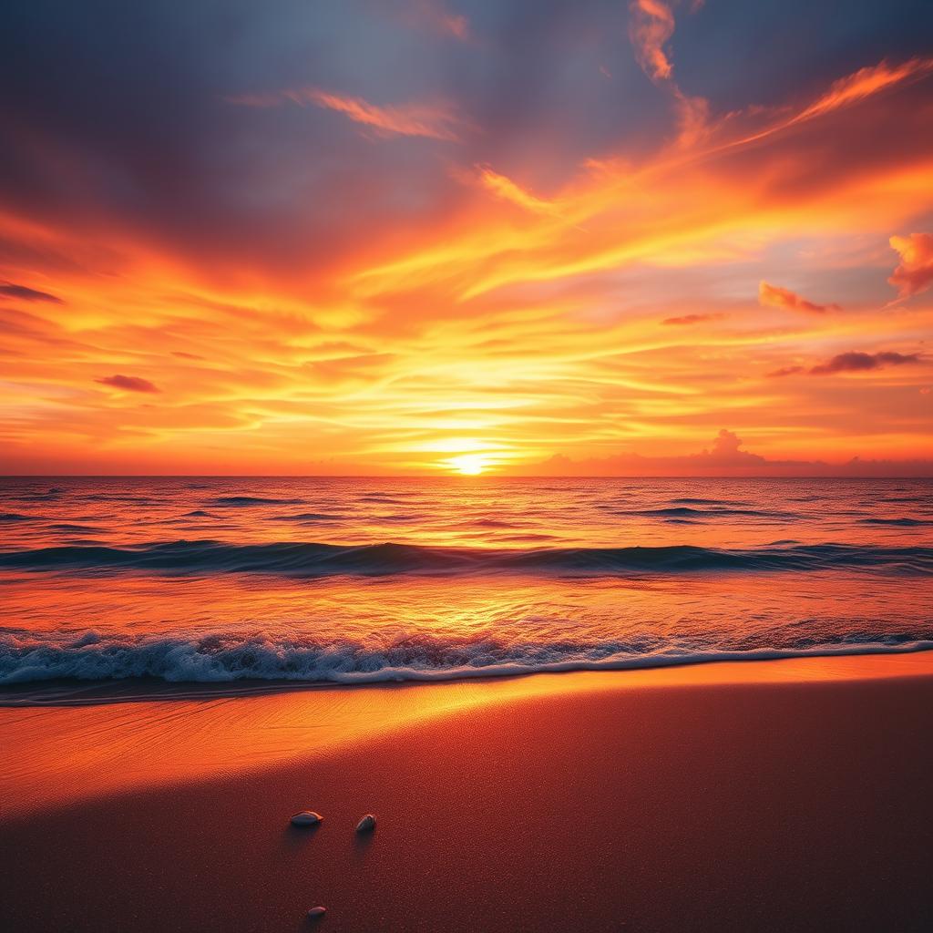 A stunning, dramatic sunset over a tranquil beach, with vibrant oranges, pinks, and purples blending together in the sky