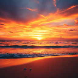 A stunning, dramatic sunset over a tranquil beach, with vibrant oranges, pinks, and purples blending together in the sky