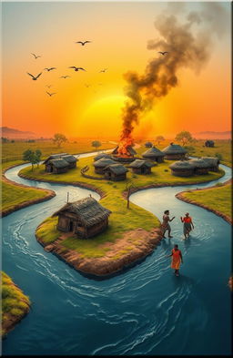 An aerial view of a vibrant landscape featuring a 3D A5-sized canvas with a flowing river originating from the bottom left
