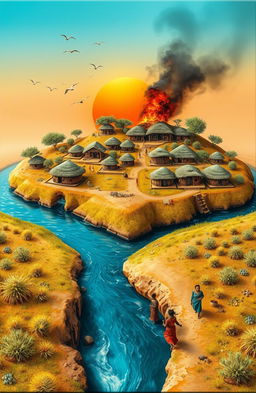 An aerial view of a vibrant landscape featuring a 3D A5-sized canvas with a flowing river originating from the bottom left
