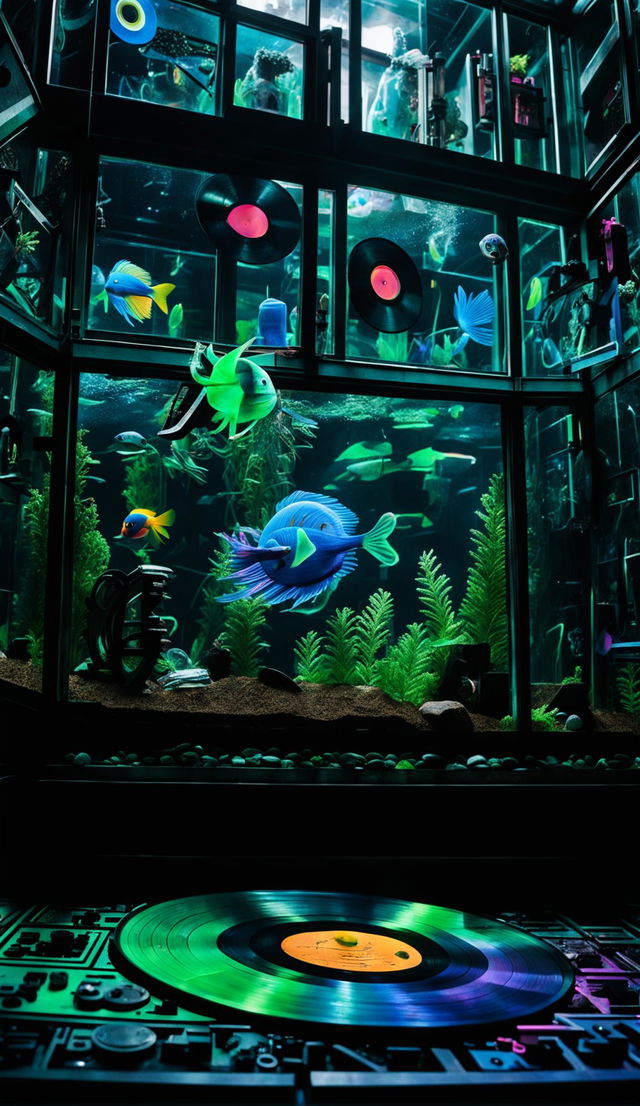 A 36k HD professional cinematic photograph of a public aquarium designed in ghost-punk style with neon spectral fish and rusty punk decor without any music-related items.