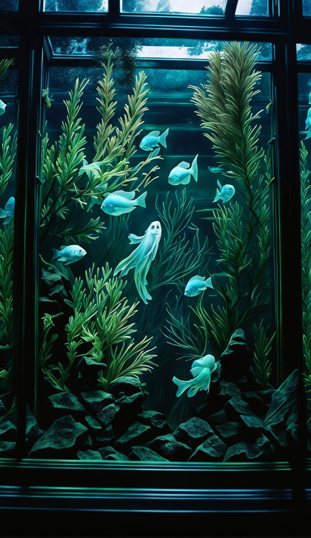 A digital art piece of a large aquarium filled with translucent ghost fish swimming amongst aquatic plants and a sunken ship.