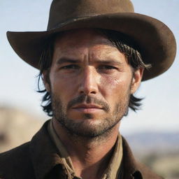 A compelling image of Jack Marston, highlighting his youthful features contrasted with his cowboy attire. His expression should reflect the turmoil of his life in the fading Wild West.