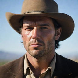 A compelling image of Jack Marston, highlighting his youthful features contrasted with his cowboy attire. His expression should reflect the turmoil of his life in the fading Wild West.