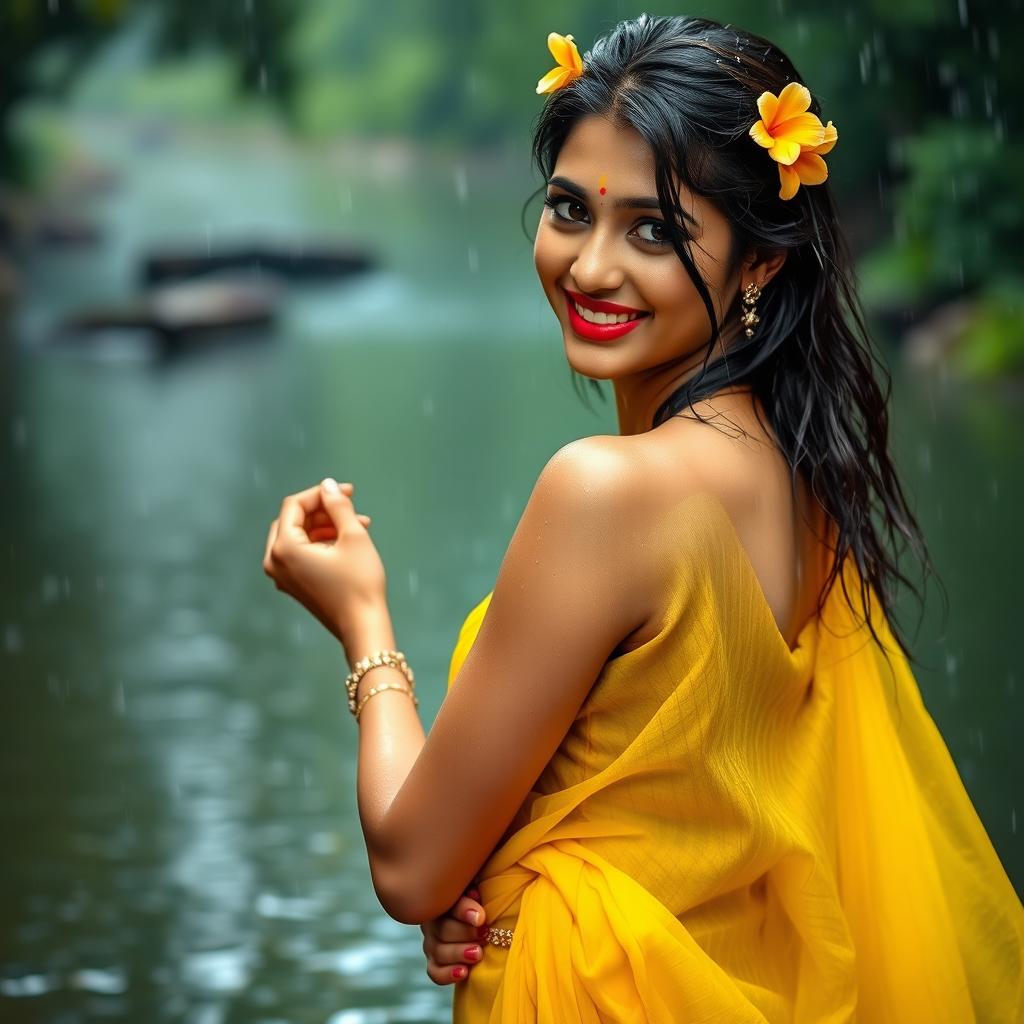 A stunning Indian model wearing a beautiful yellow chiffon saree, drenched in rain while bathed in a serene river