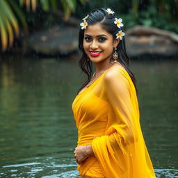 A stunning Indian model wearing a beautiful yellow chiffon saree, drenched in rain while bathed in a serene river