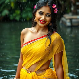 A stunning Indian model wearing a beautiful yellow chiffon saree, drenched in rain while bathed in a serene river