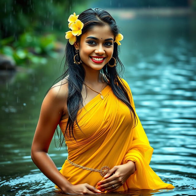 A stunning Indian model wearing a beautiful yellow chiffon saree, drenched in rain while bathed in a serene river