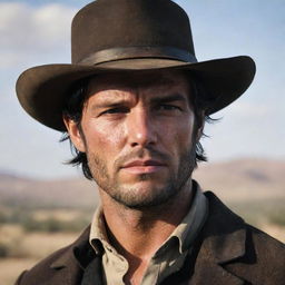 A compelling image of Jack Marston, highlighting his youthful features contrasted with his cowboy attire. His expression should reflect the turmoil of his life in the fading Wild West.