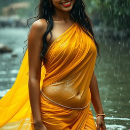 A stunning Indian model wearing a beautiful yellow chiffon saree, drenched in the rain while bathing in a river