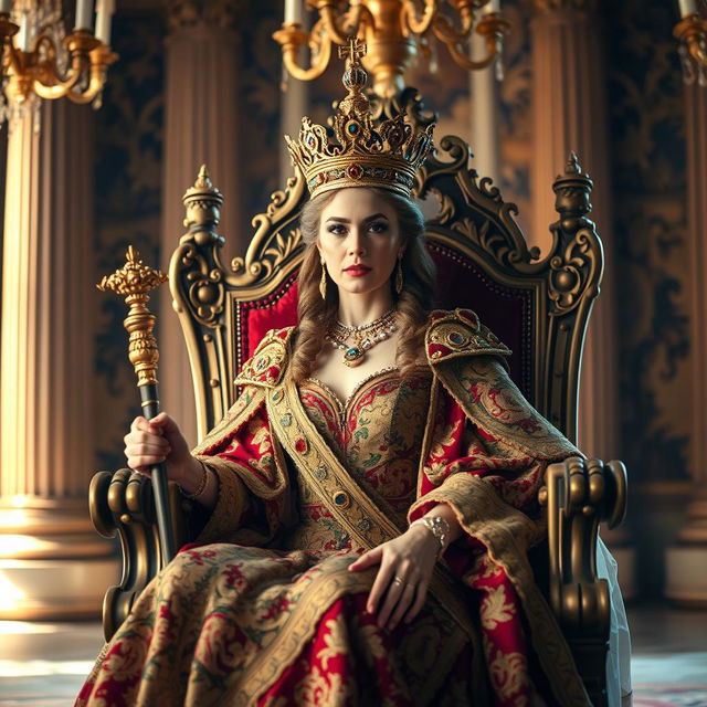 A majestic queen seated on an ornate throne, wearing a stunning golden crown adorned with jewels, dressed in an elaborate royal gown featuring intricate patterns and rich colors