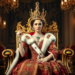 A majestic queen seated on an ornate throne, wearing a stunning golden crown adorned with jewels, dressed in an elaborate royal gown featuring intricate patterns and rich colors