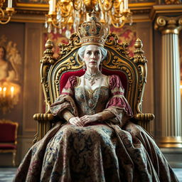 A majestic queen seated on an ornate throne, wearing a stunning golden crown adorned with jewels, dressed in an elaborate royal gown featuring intricate patterns and rich colors