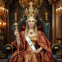 A majestic queen seated on an ornate throne, wearing a stunning golden crown adorned with jewels, dressed in an elaborate royal gown featuring intricate patterns and rich colors