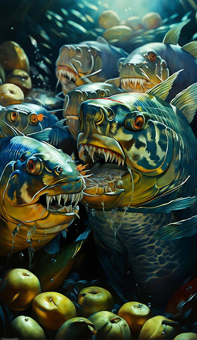 Surreal digital art of piranhas eating bananas underwater.