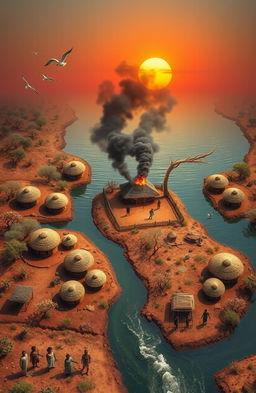 An aerial view of a vibrant landscape featuring a 3D A5 size canvas with a river flowing from the bottom left corner