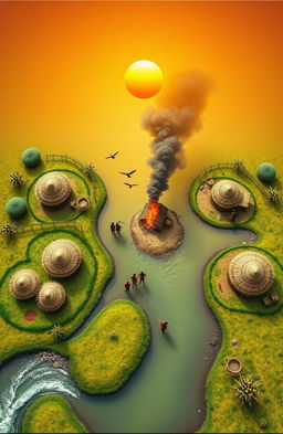 An aerial view of a vibrant landscape featuring a 3D A5 size canvas with a river flowing from the bottom left corner