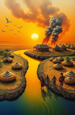 An aerial view of a vibrant scene featuring a 3D representation of a river flowing from the bottom left of the canvas