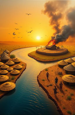 An aerial view of a vibrant scene featuring a 3D representation of a river flowing from the bottom left of the canvas