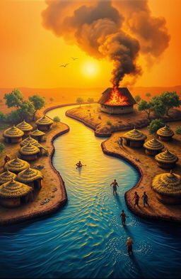 An aerial view of a vibrant scene featuring a 3D representation of a river flowing from the bottom left of the canvas