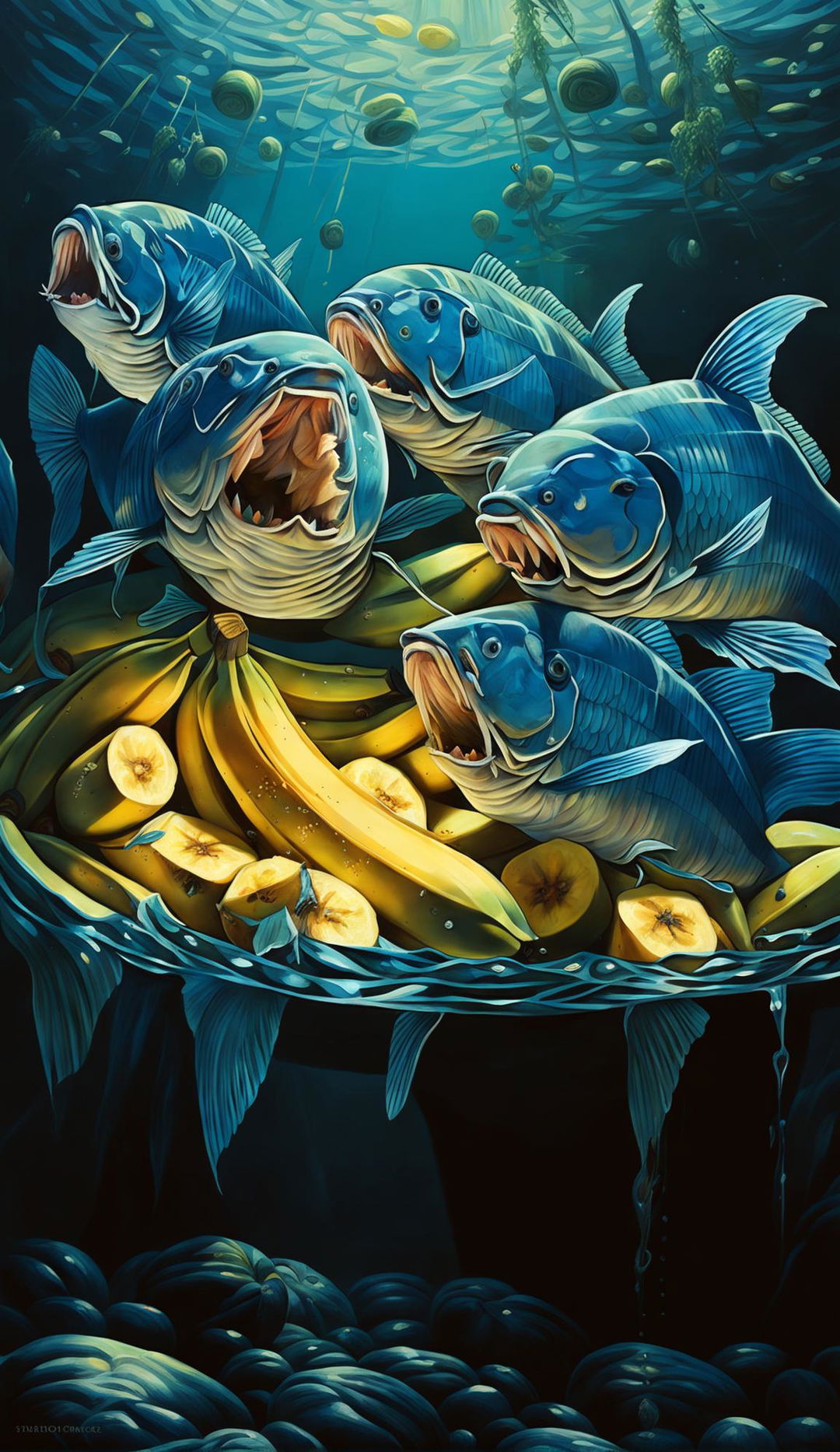 Digital art of piranhas feasting on bananas in a surreal underwater scene.