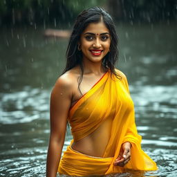 A stunning Indian model wearing a yellow chiffon saree, drenched in the rain while bathing in a river