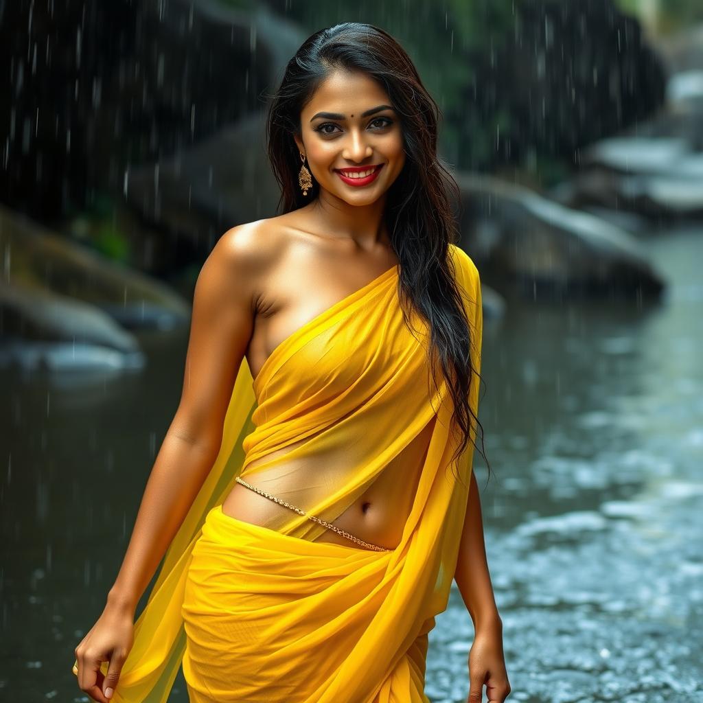 A stunning Indian model wearing a yellow chiffon saree, drenched in the rain while bathing in a river