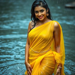 A stunning Indian model wearing a yellow chiffon saree, drenched in the rain while bathing in a river