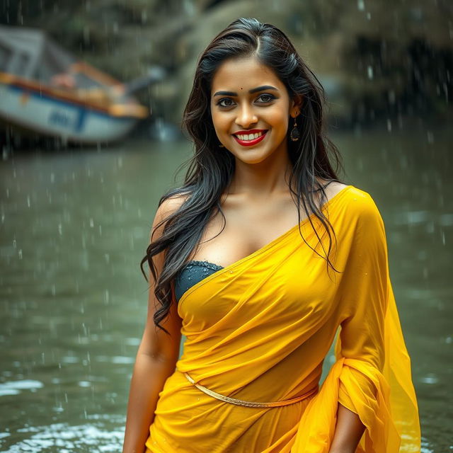 A stunning Indian model wearing a yellow chiffon saree, drenched in the rain while bathing in a river