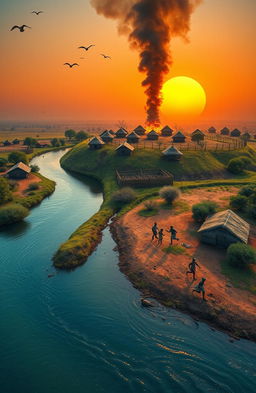 An aerial view of a vibrant landscape featuring a 3D A5 size river flowing from the bottom left of the canvas, curving gracefully