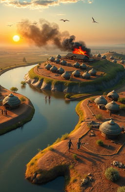 An aerial view of a vibrant landscape featuring a 3D A5 size river flowing from the bottom left of the canvas, curving gracefully