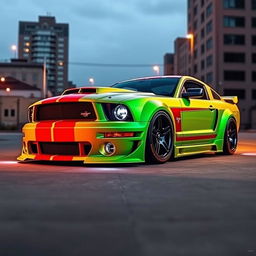 A stunning 2006 Ford Mustang designed in the unique style of Khyzyl Saleem, featuring aggressive body modifications, a vibrant color scheme, and striking detailing