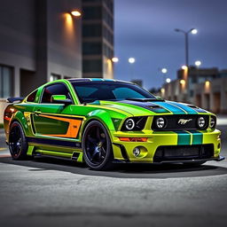 A stunning 2006 Ford Mustang designed in the unique style of Khyzyl Saleem, featuring aggressive body modifications, a vibrant color scheme, and striking detailing