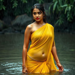 A stunning Indian model wearing a yellow chiffon saree, drenched in the rain while bathing in a river