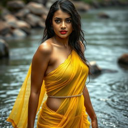 A stunning Indian model wearing a yellow chiffon saree, drenched in the rain while bathing in a river