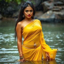 A stunning Indian model wearing a yellow chiffon saree, drenched in the rain while bathing in a river
