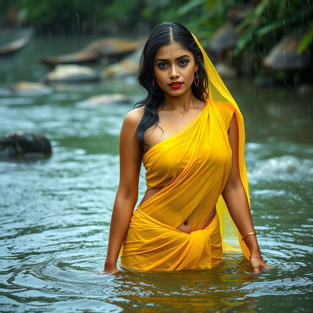 A stunning Indian model wearing a yellow chiffon saree, drenched in the rain while bathing in a river