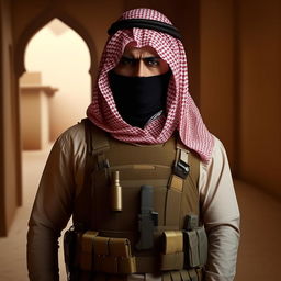 A Hollywood-style kidnapper commander dressed in Arabian attire and a bullet-proof vest, presenting an intriguing and menacing figure.