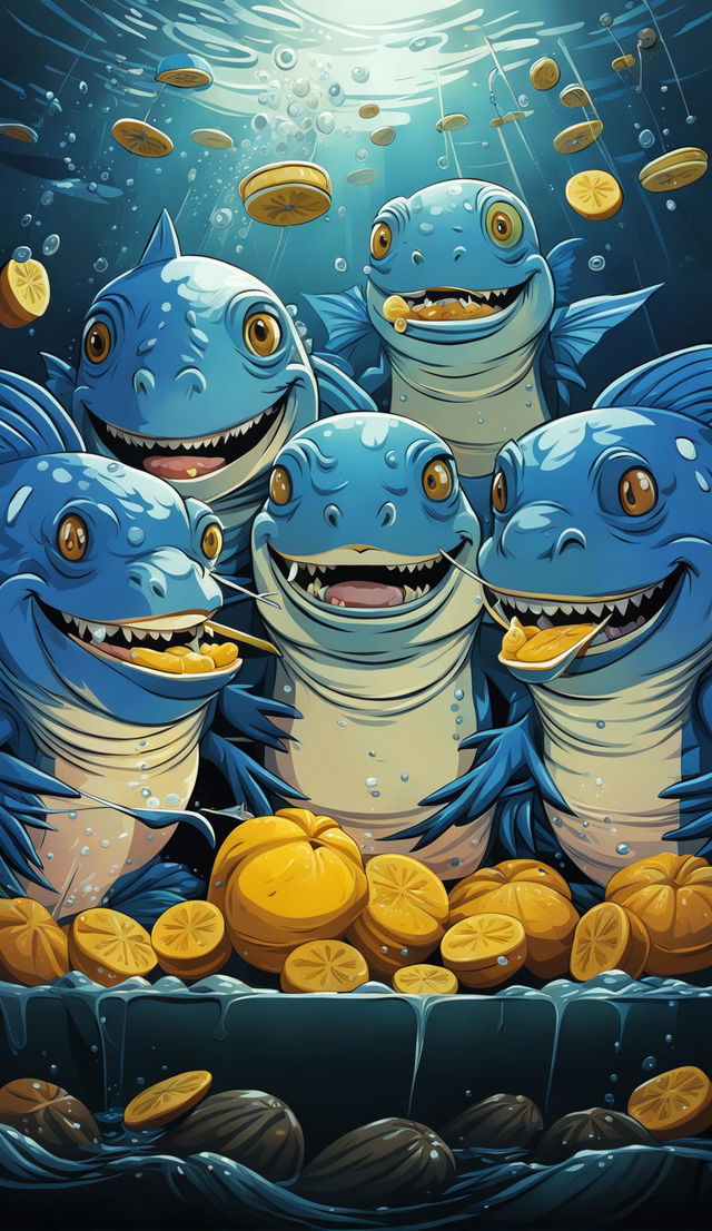 Kids' cartoon of cheerful piranhas munching on bananas underwater.