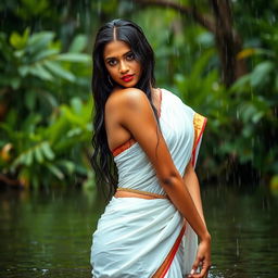A stunning Indian model in a traditional Kerala style white saree, soaked from the rain, elegantly draped and clinging to her curves