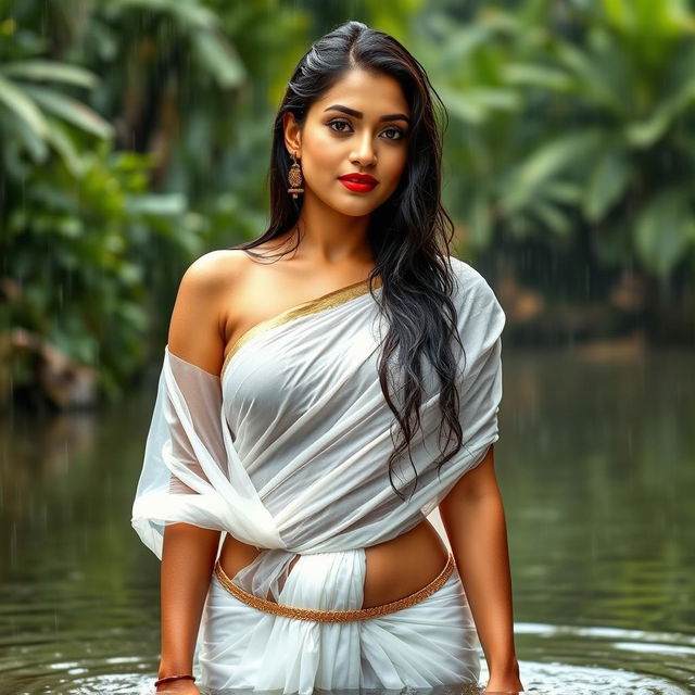 A stunning Indian model in a traditional Kerala style white saree, soaked from the rain, elegantly draped and clinging to her curves