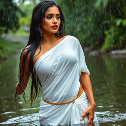 A stunning Indian model in a traditional Kerala style white saree, soaked from the rain, elegantly draped and clinging to her curves