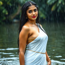 A stunning Indian model in a traditional Kerala style white saree, soaked from the rain, elegantly draped and clinging to her curves