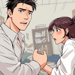 A dramatic illustration of a man and woman having an argument, the man with facial features resembling Kim Taehyung, displaying a look of frustration, while the woman has features resembling Somi, showing her emotions clearly